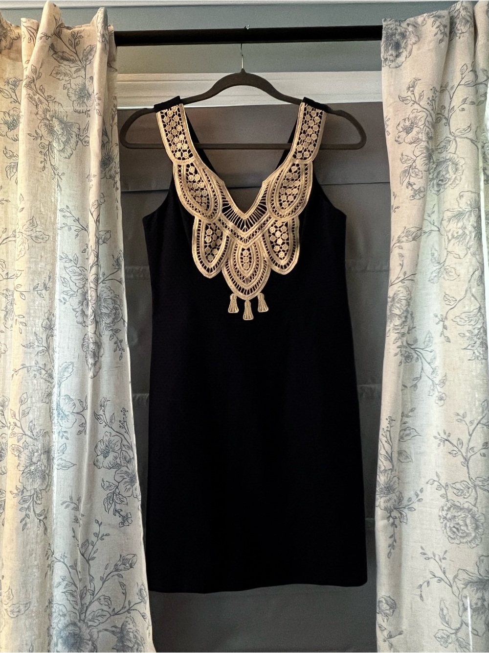 Lilly Pulitzer Navy Mini Dress with Gold Crochet Bib